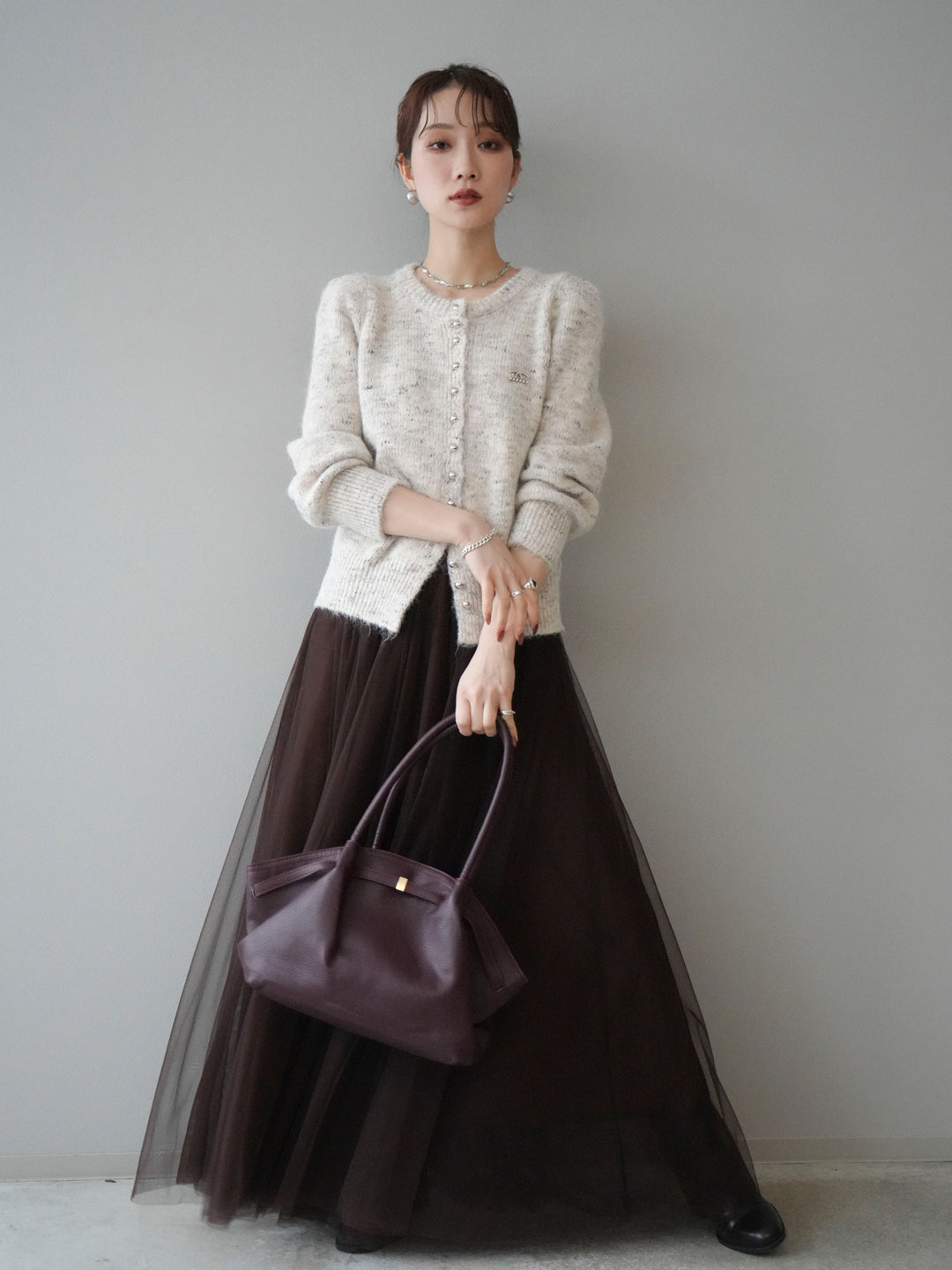 [SET]ブローチ付silverボタンミックスニットカーディガン+チュールボリュームスカート(2set)