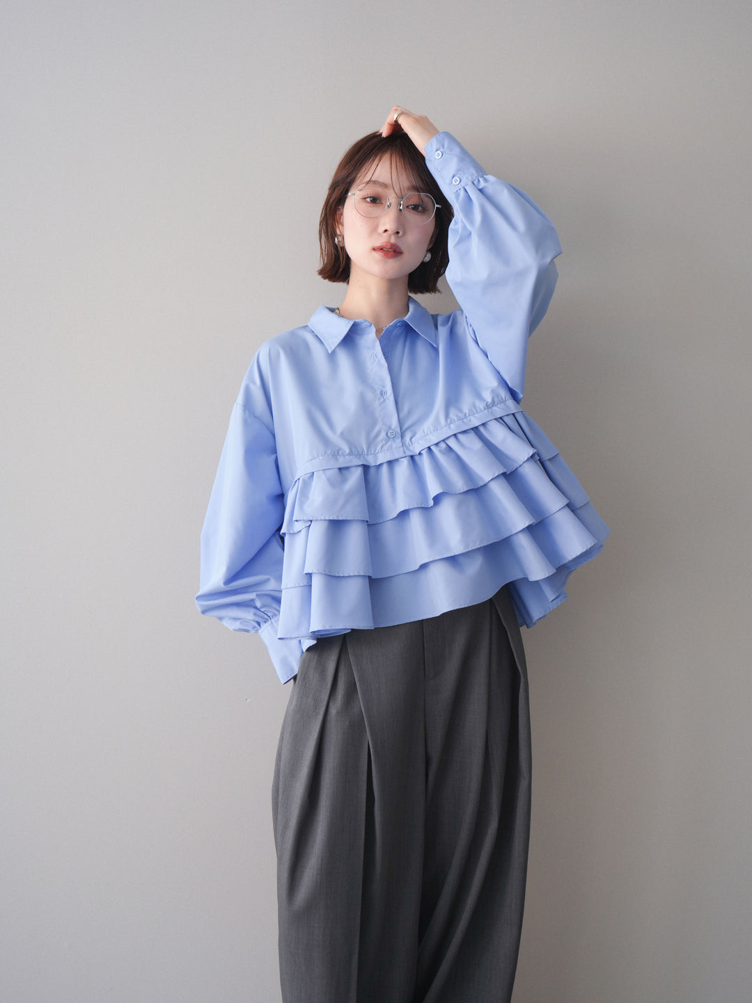 [SET]ブロードティアードショートシャツ+TRツイルデザインタックワイドパンツ(2set)