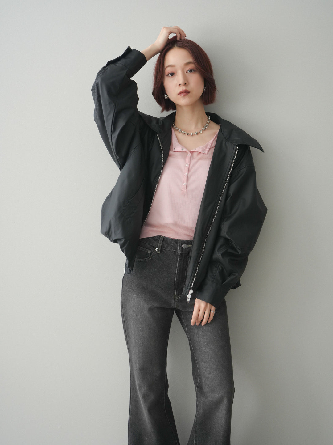 [予約]ウォッシャブルフェイクレザーバルーンジャケット/black