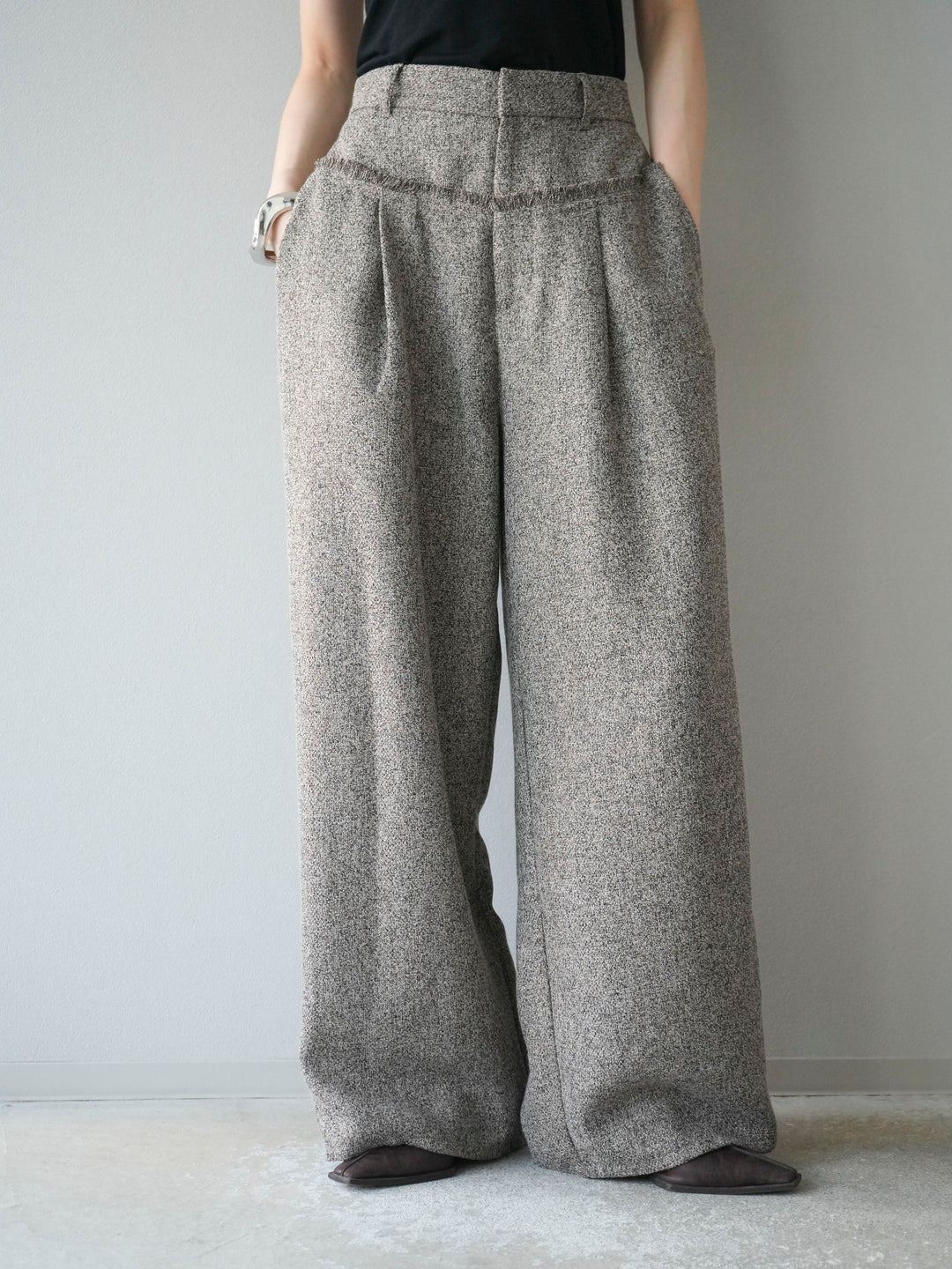 [予約]ウエストフリンジツイードワイドパンツ/ブラウン