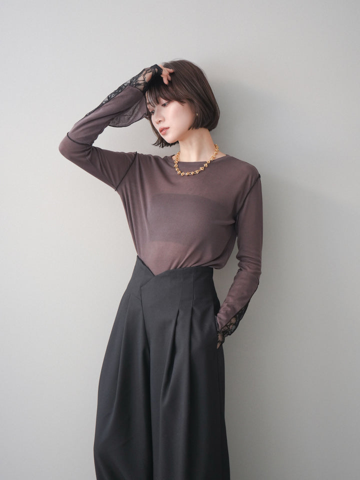 [予約]袖レースレイヤードデザインメロートップス/brown