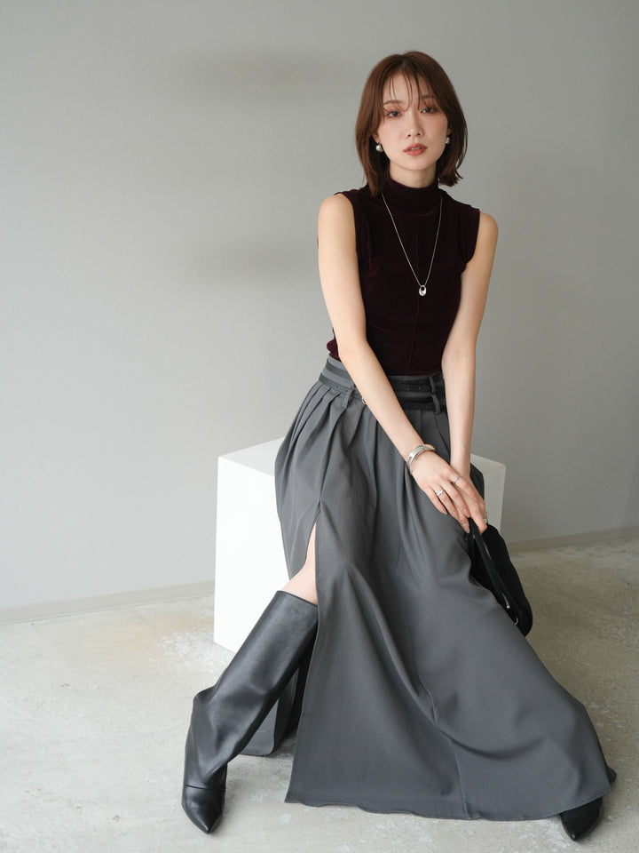 [SET]シアーベロアプチネックノースリーブトップス+エステルプリーツスリットスカート(2set)