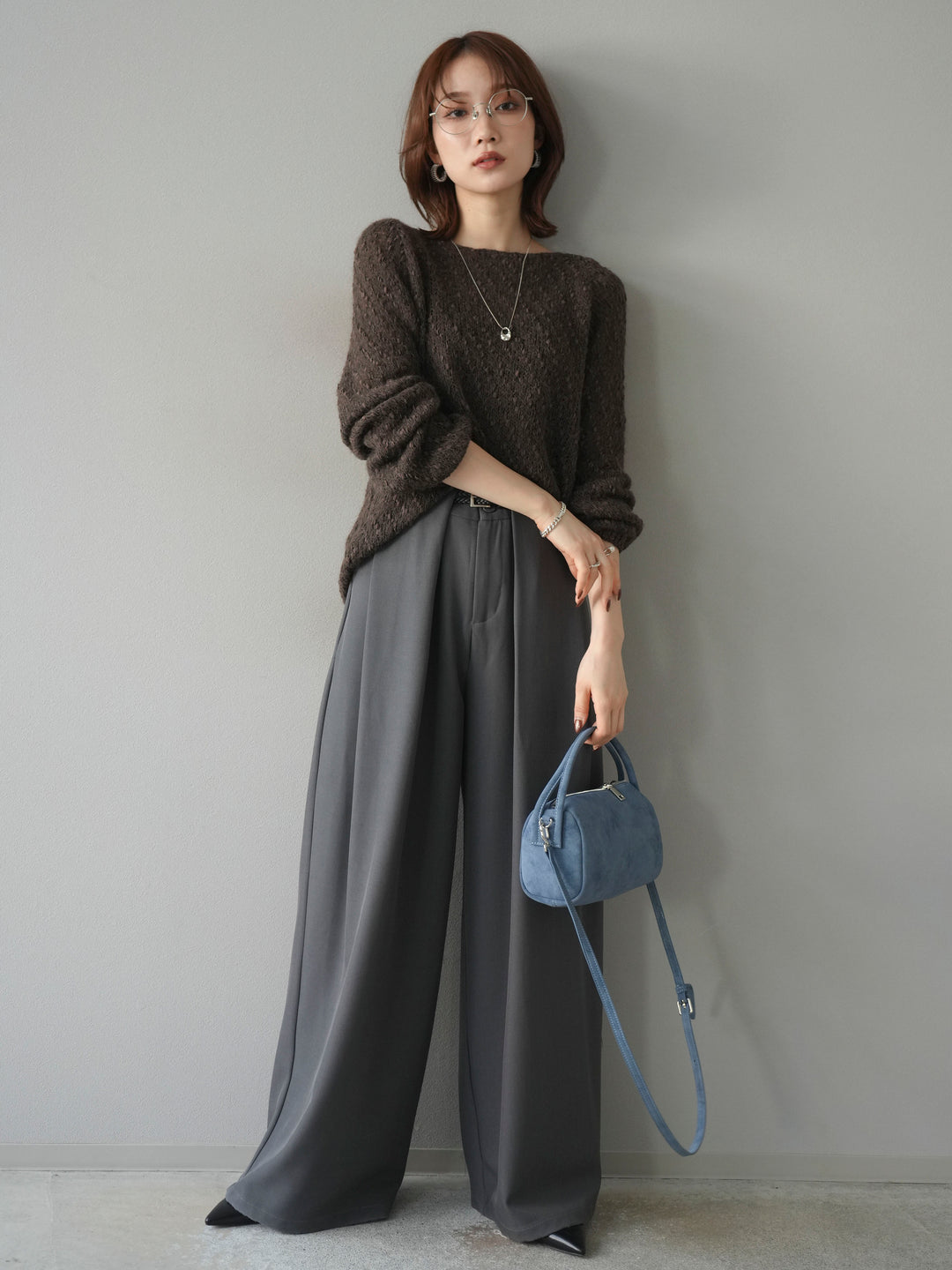 【着回しセット】[SET]求心柄クロップドニットカーディガン+異素材ミックスヤーンニットプルオーバー+ベルトループデザインワイドパンツ(3set)