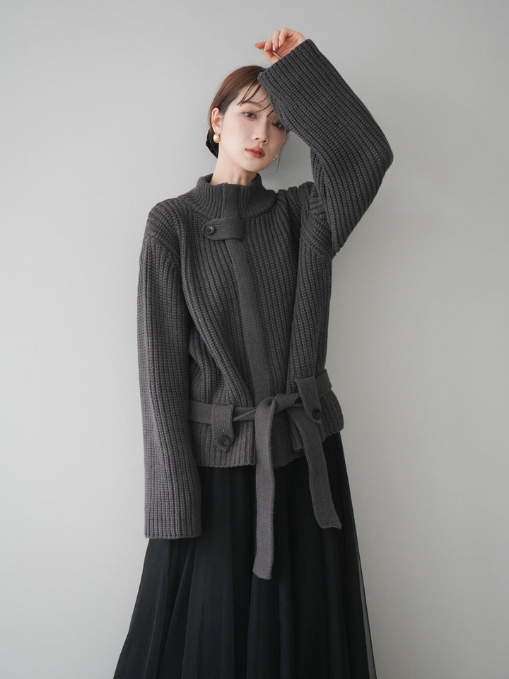 [SET]畦編みボトルネックZIPニットカーディガン+選べるアクセセット(2set)