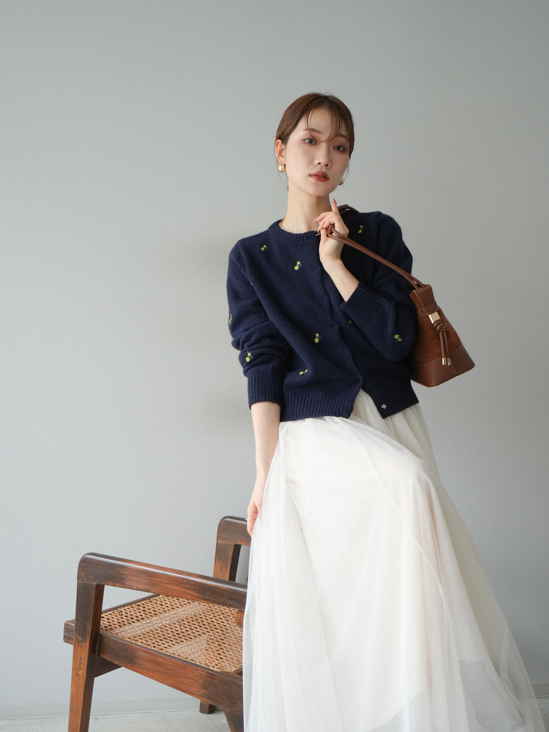 [SET]フラワー刺繍ニットカーディガン+チュールボリュームスカート(2set)