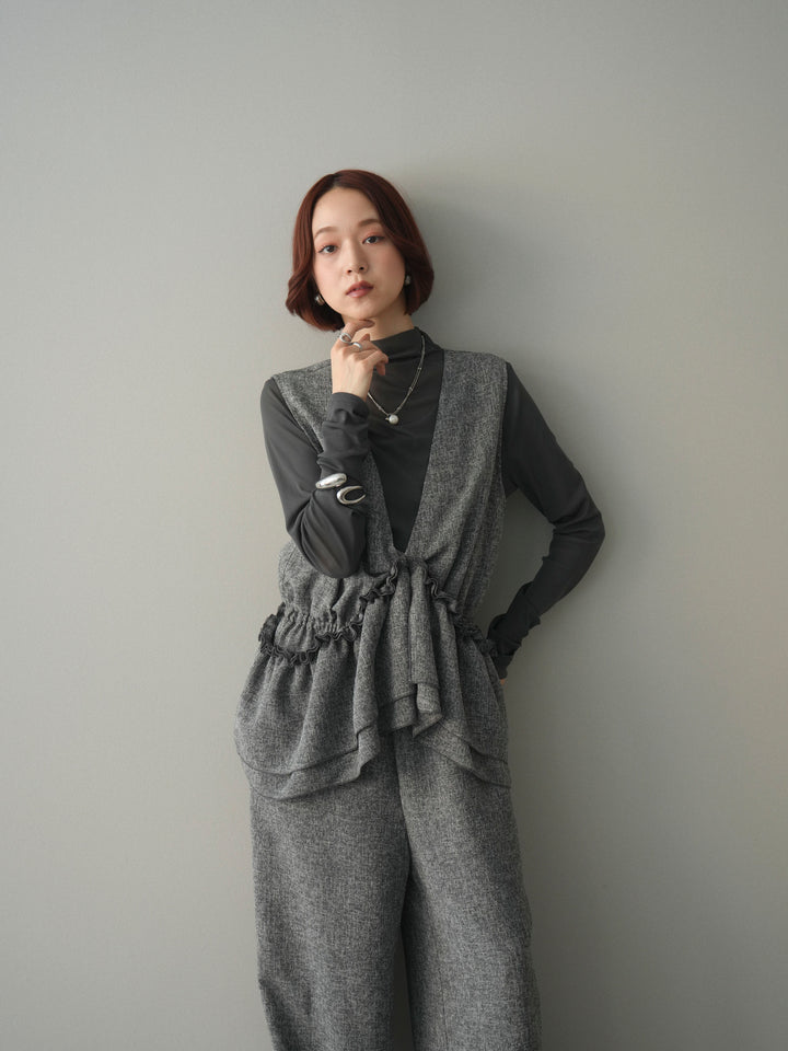 [SET]3WAYミックスツイードギャザーオールインワン+シアープチネックストレッチトップス(2set)