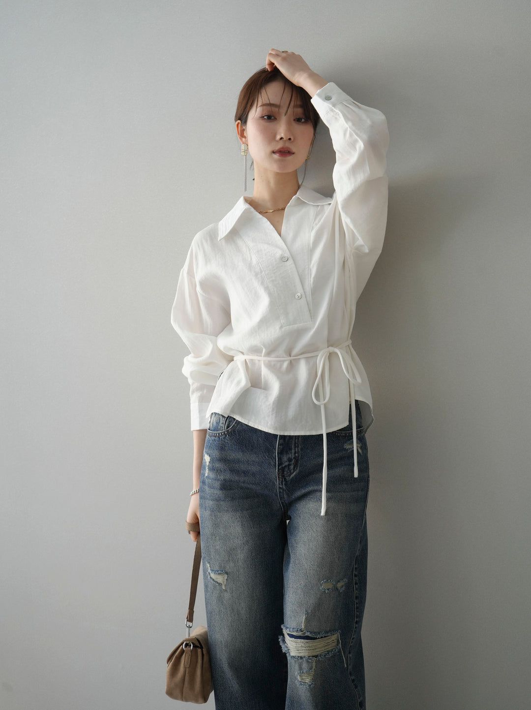 [SET]Vネック変形ラインシャツ+ダメージデニムセミワイドパンツ(2set)