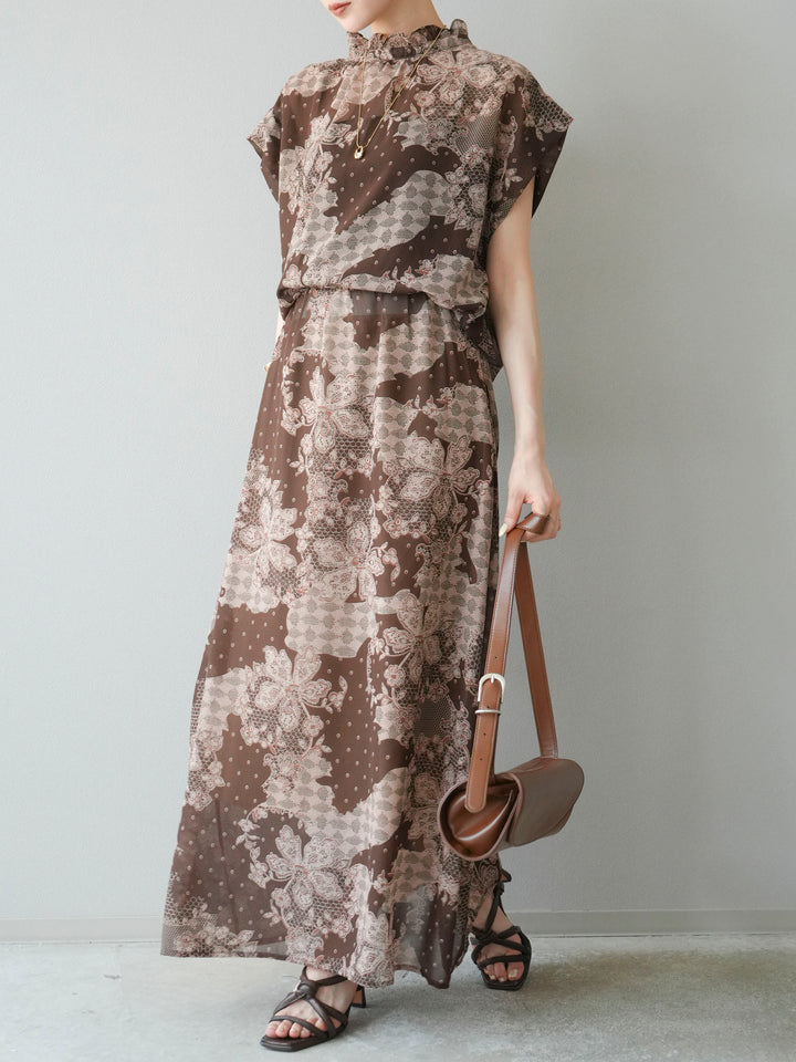 [SET] 花朵圖案法式袖襯衫 + 花朵圖案喇叭裙 (2 套)