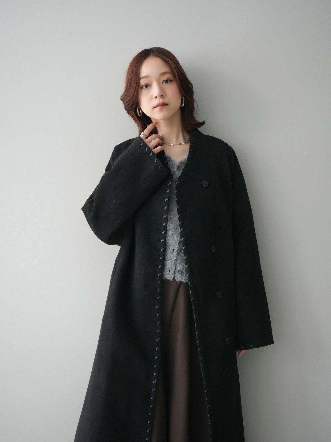[SET]ハンドステッチ裏中綿ロングコート+モヘア衿付きボタンプルオーバー(2set)