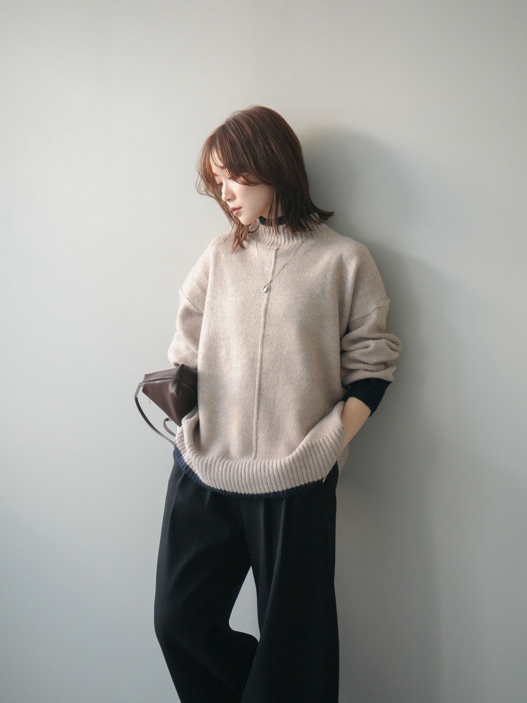 [SET]配色ハイネックニットプルオーバー+選べるアクセセット(2set)