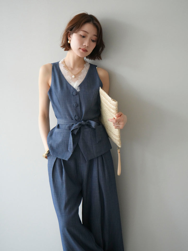 【套裝】蕾絲邊背心和垂褶褲套裝（2 套）