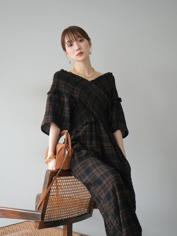 [予約]チェック柄ハーフスリーブシャーリングクロスサロペット/ブラウン