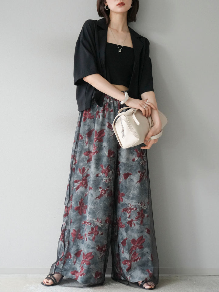 [SET]ハーフショートジャケット+フラワープリントチュールレイヤードパンツ(2set)