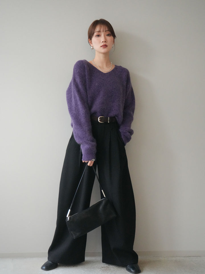 [SET]シュシュ付きアンゴラタッチVネックニットプルオーバー+アニマル柄ベルト付きウールタッチワイドパンツ(2set)