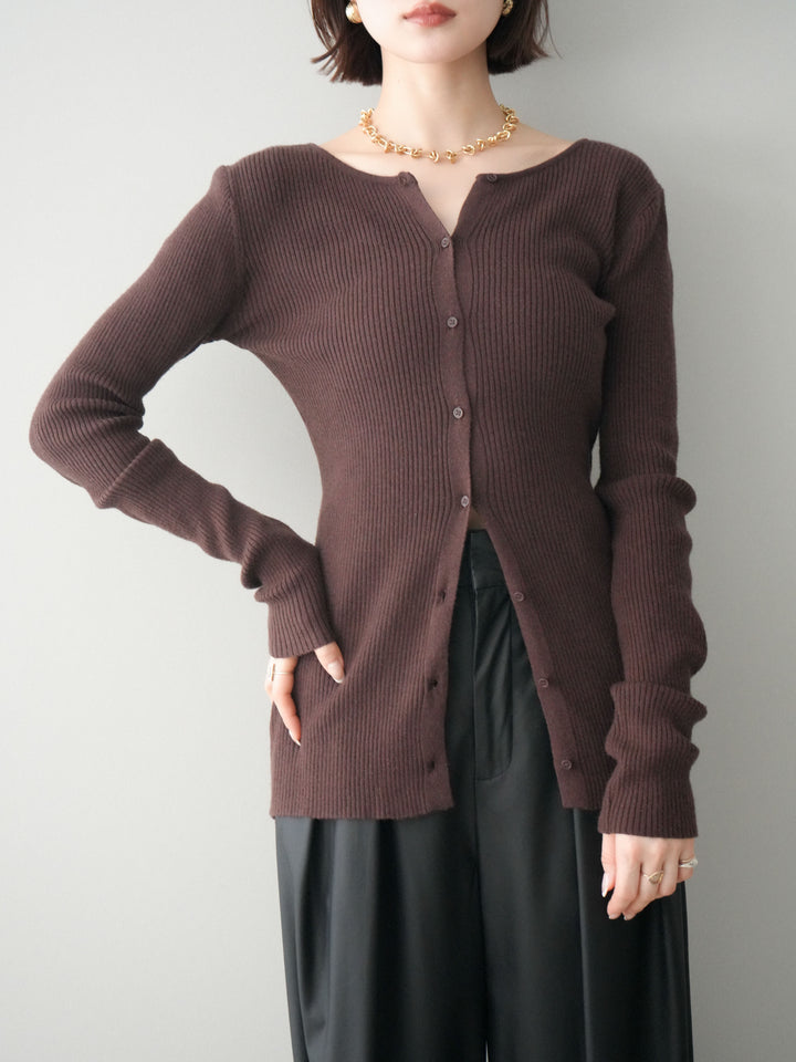[予約]前後2WAYリブ編みクルーネックカーディガン/darkbrown