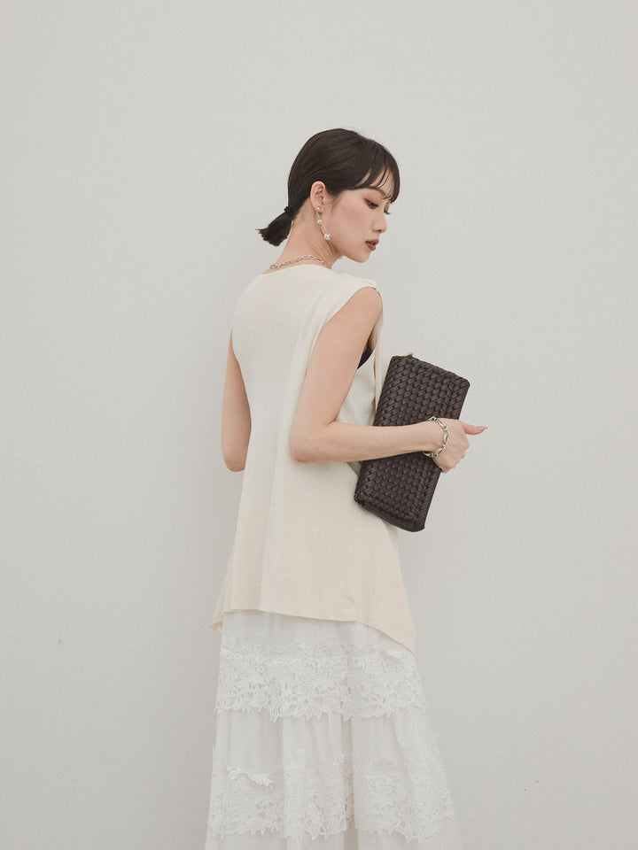 [SET]ドライタッチドレープニットプルオーバー+スカラップレースロングスカート(2set)