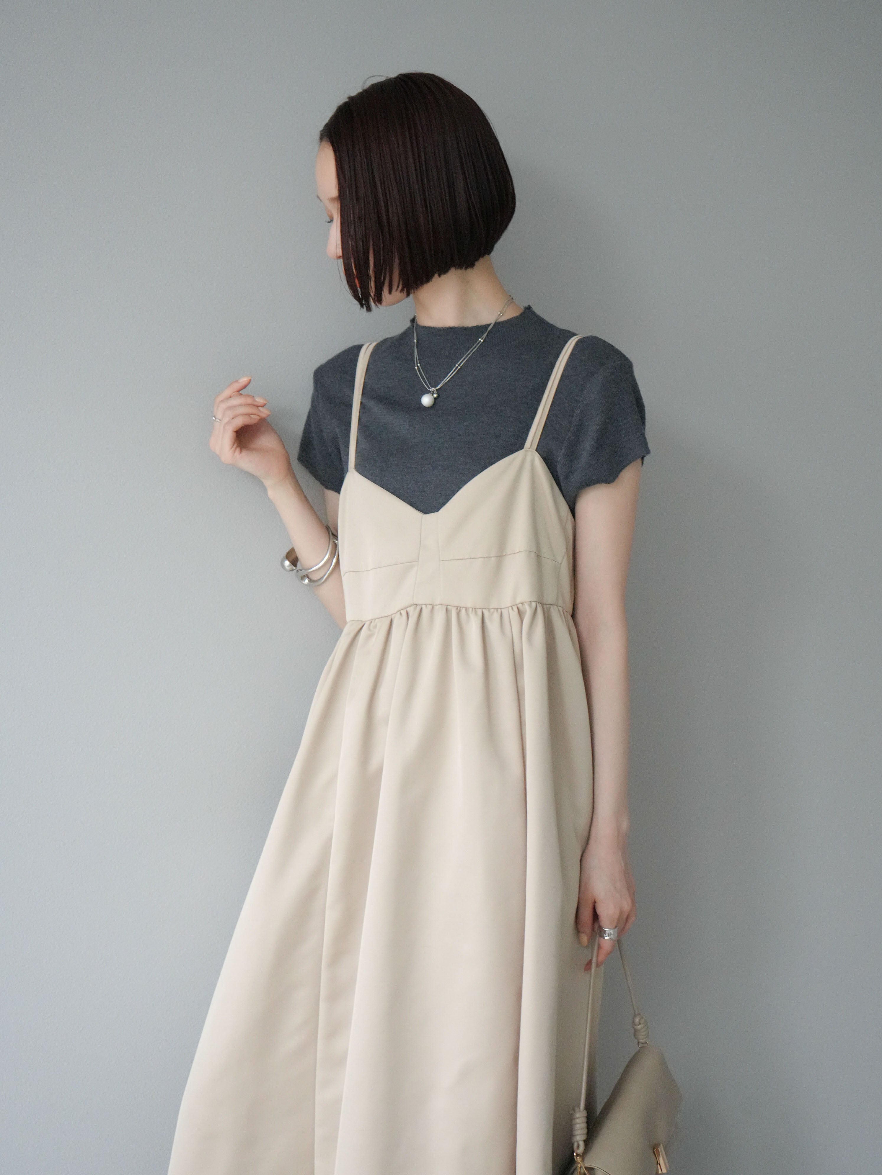 予約]ウエスト切替ツイルフレアキャミワンピース/ベージュ – Lumier