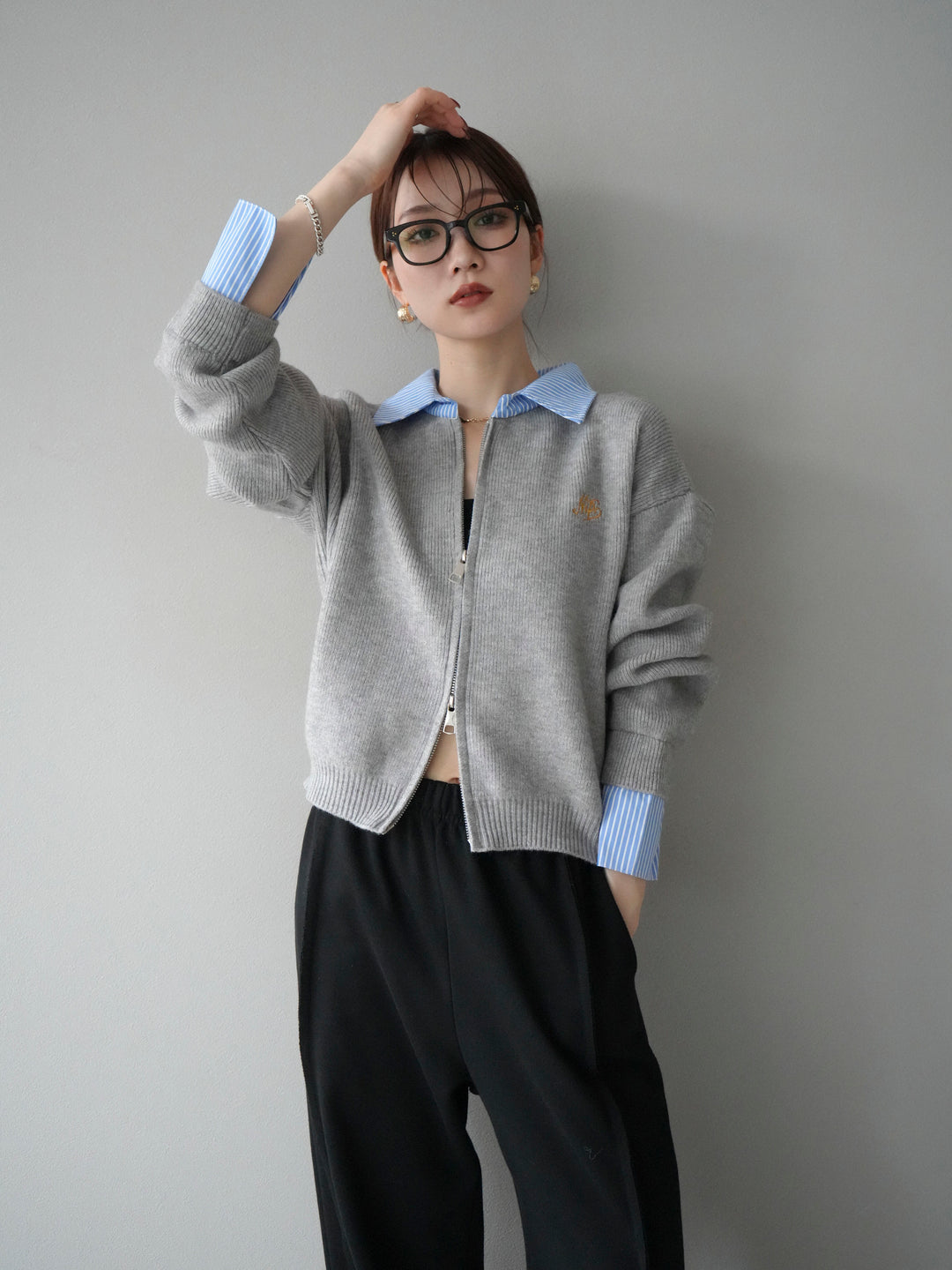 【預購】條紋襯衫疊層拉鍊針織開襟衫/灰色