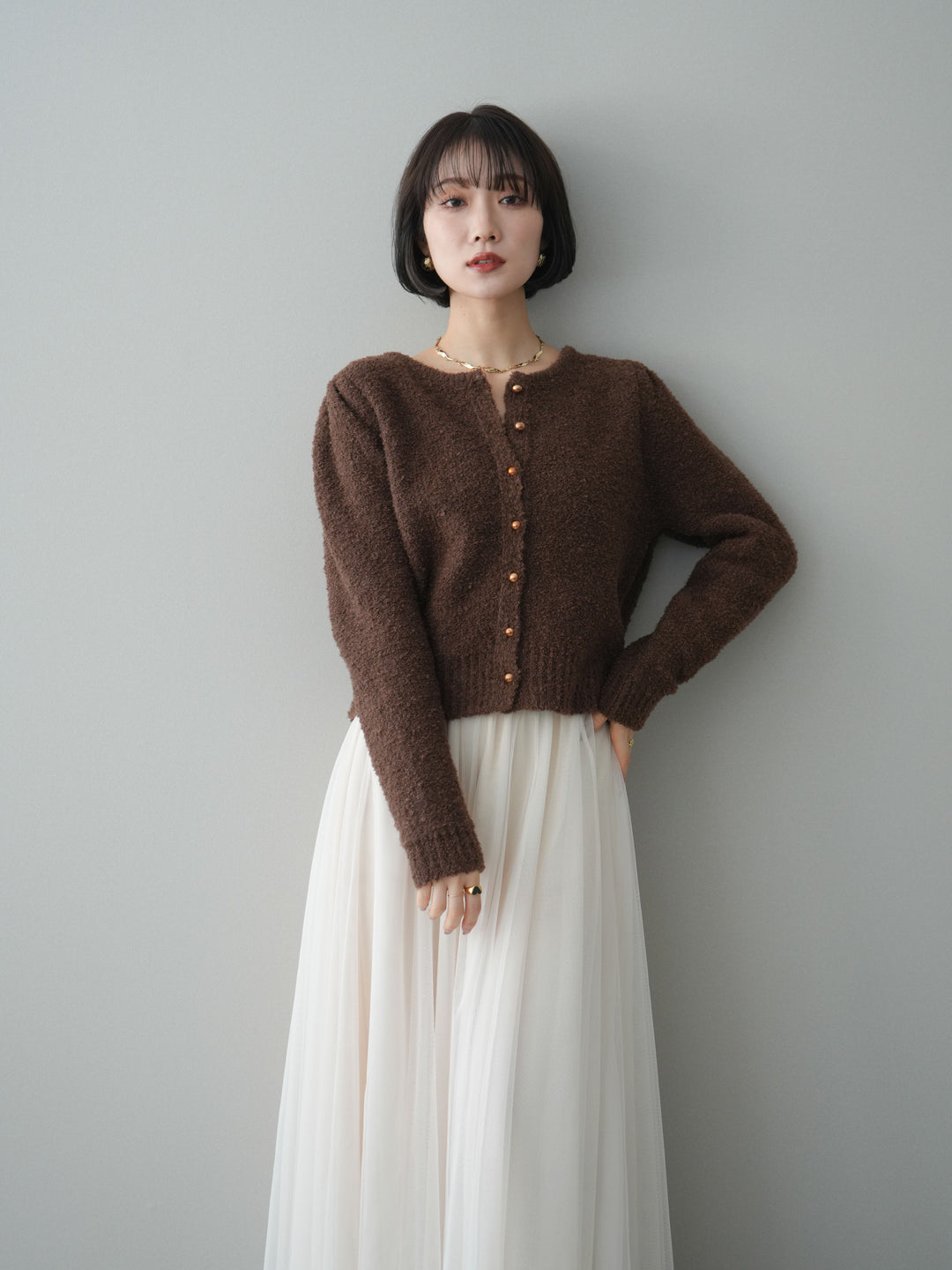 [SET]ゴールドボタンブークレニットカーディガン+チュールボリュームスカート(2set)