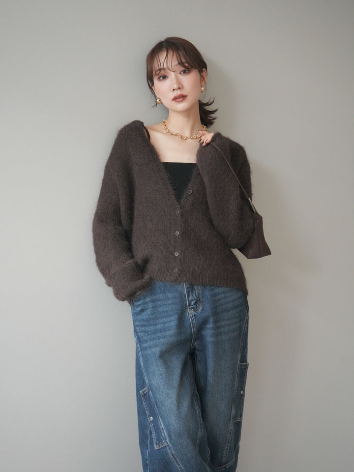 [予約]キーネックシャギーニットカーディガン/brown