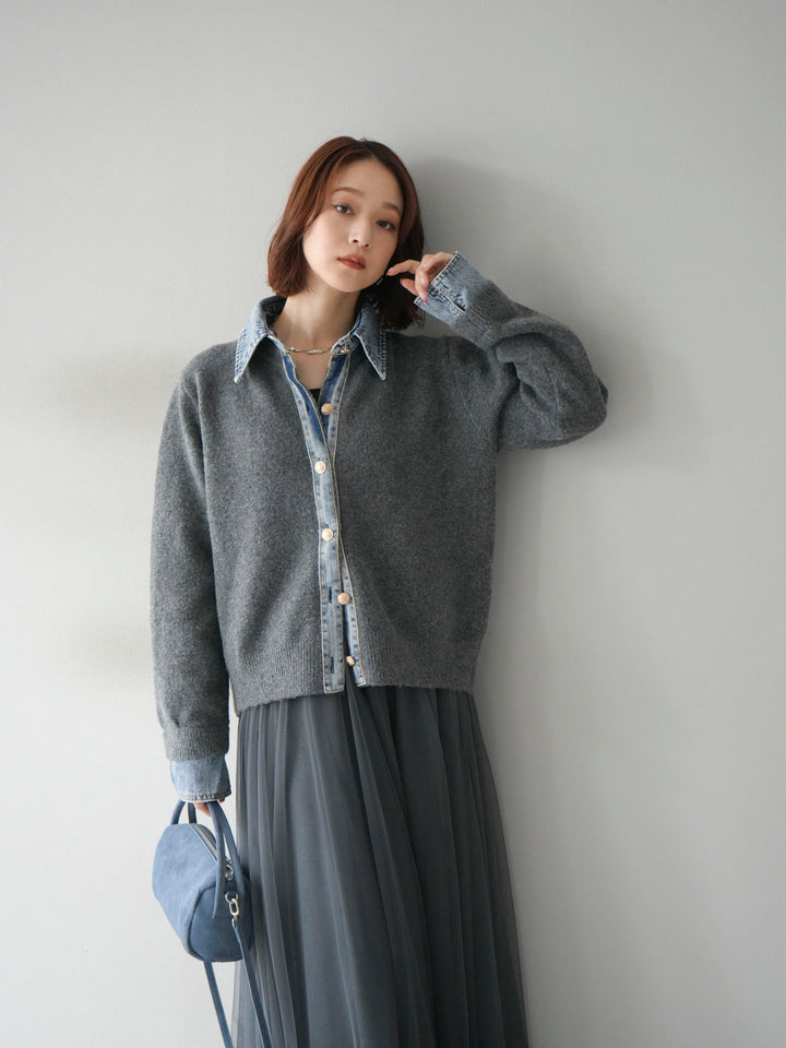 [予約]デニム襟ボタンニットカーディガン/チャコール