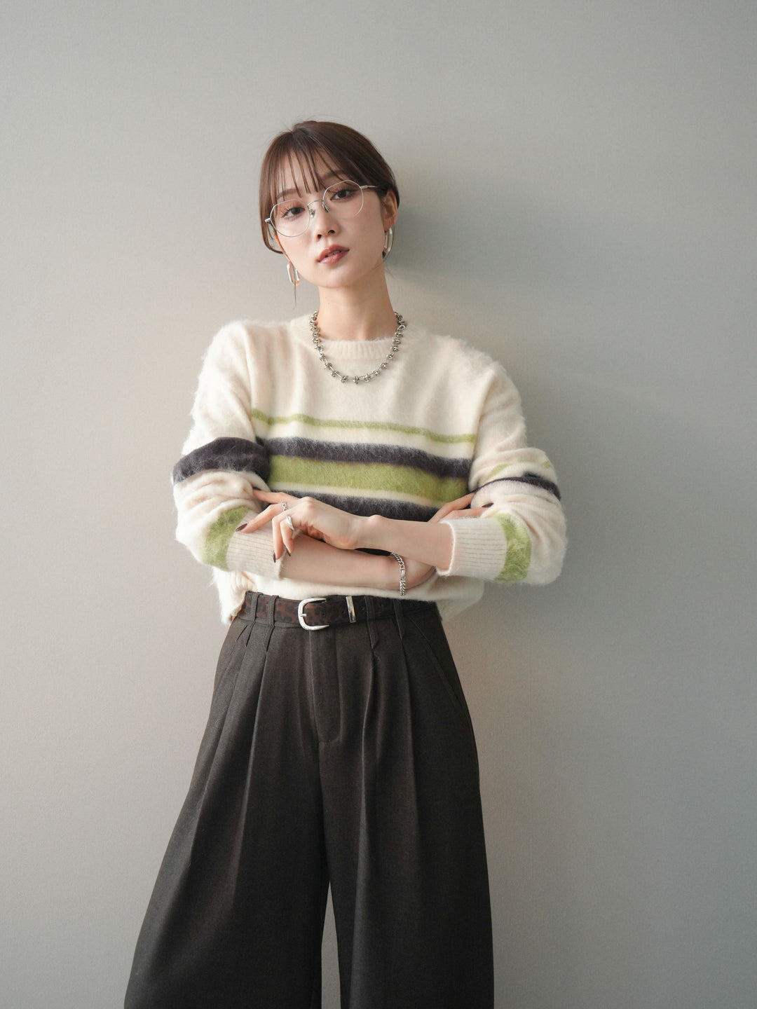 [SET]ソフトタッチボーダークロップドニットプルオーバー+選べるアクセセット(2set)