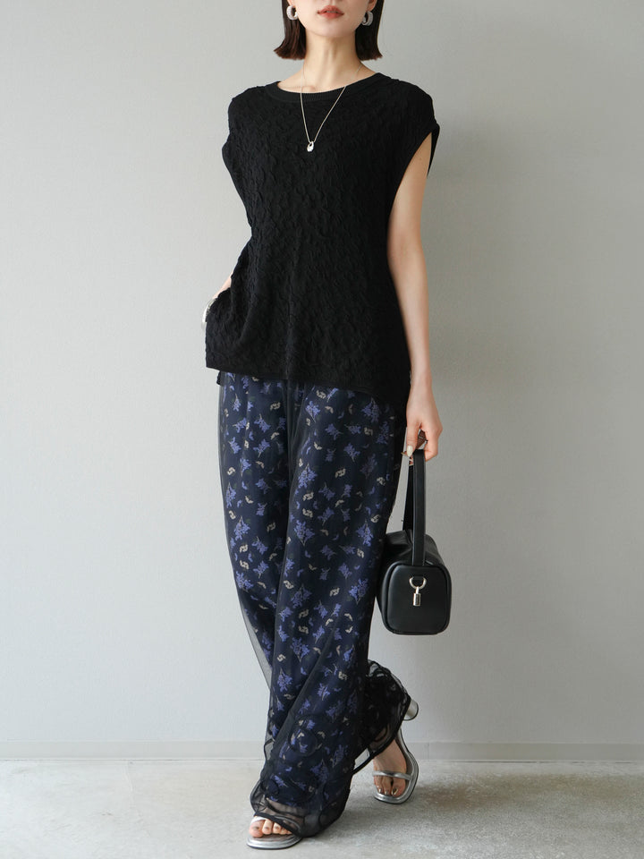 [SET]ポコポコノースリーブニットプルオーバー+コード刺繍チュールレイヤードパンツ(2set)