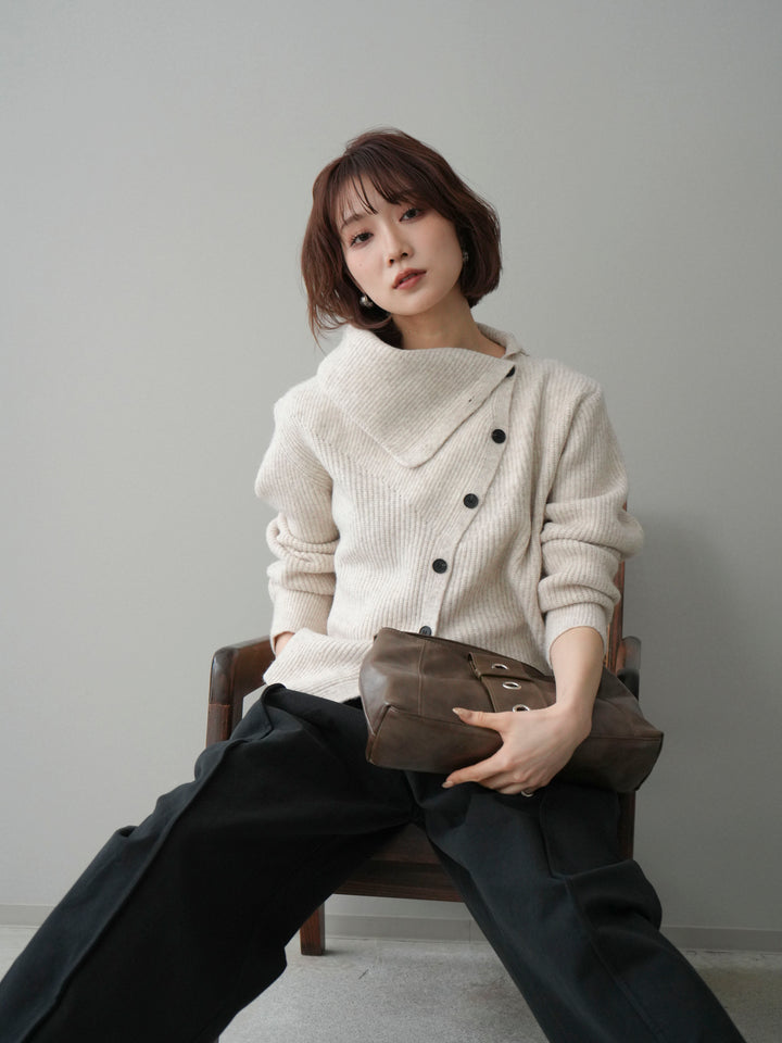 [予約]ハイネックデザインボタンニットカーディガン/ivory