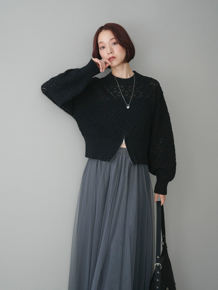[予約]透かし編みフロントジップスリットニットプルオーバー/black