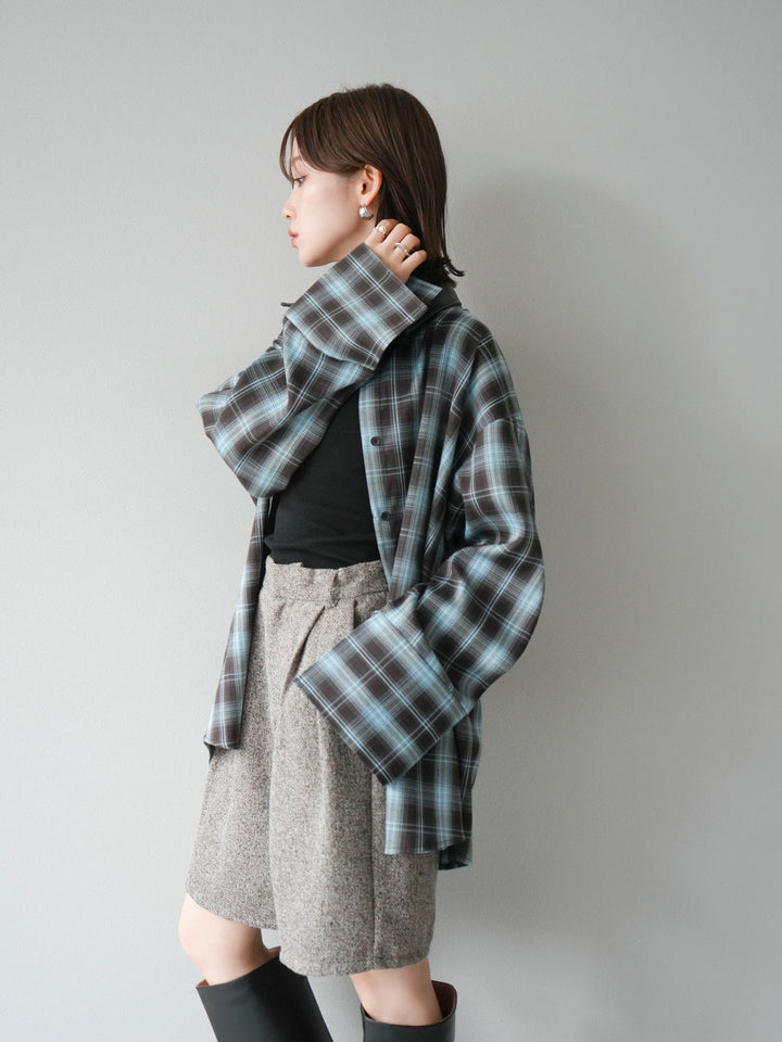 【着回しセット】[SET]レザー襟オンブレチェックオーバーシャツ +クラッシュベロアナロースカート+ツイードハーフパンツ(3set)