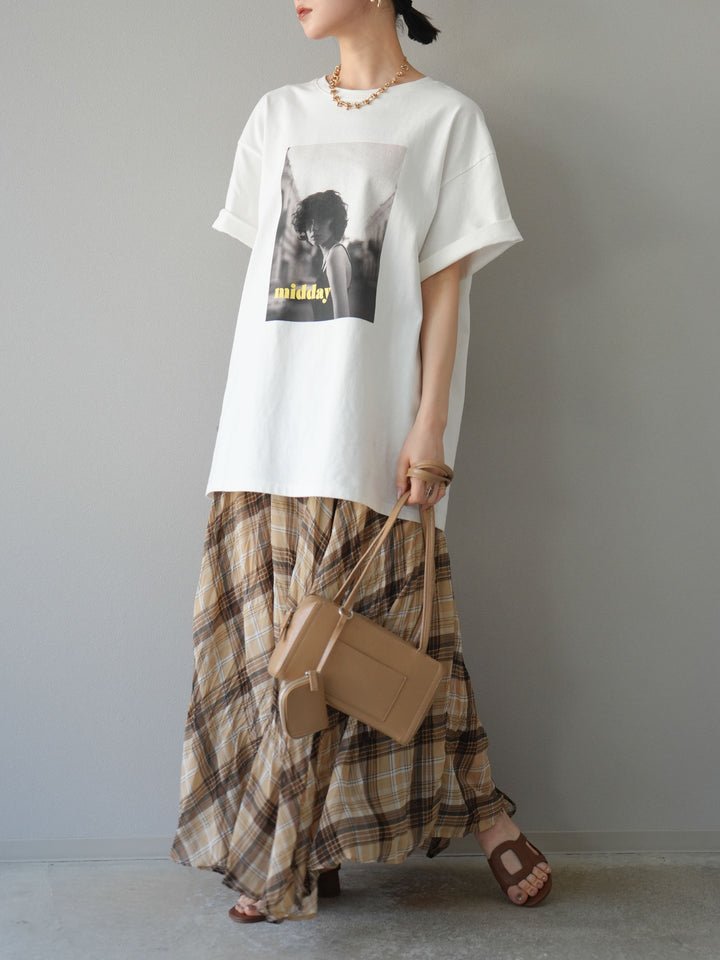 [SET]ネオンロゴフォトプリントBIG Tシャツ+シアーチェックアシンメトリーワッシャースカート(2set)