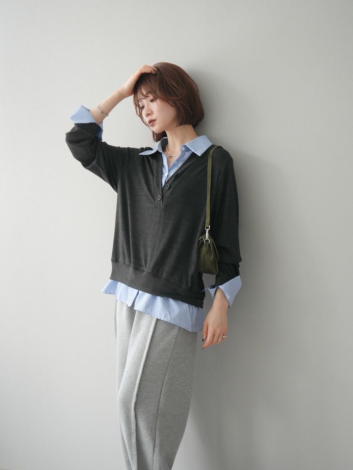 [予約]シャツレイヤードデザインカットプルオーバー/charcoal