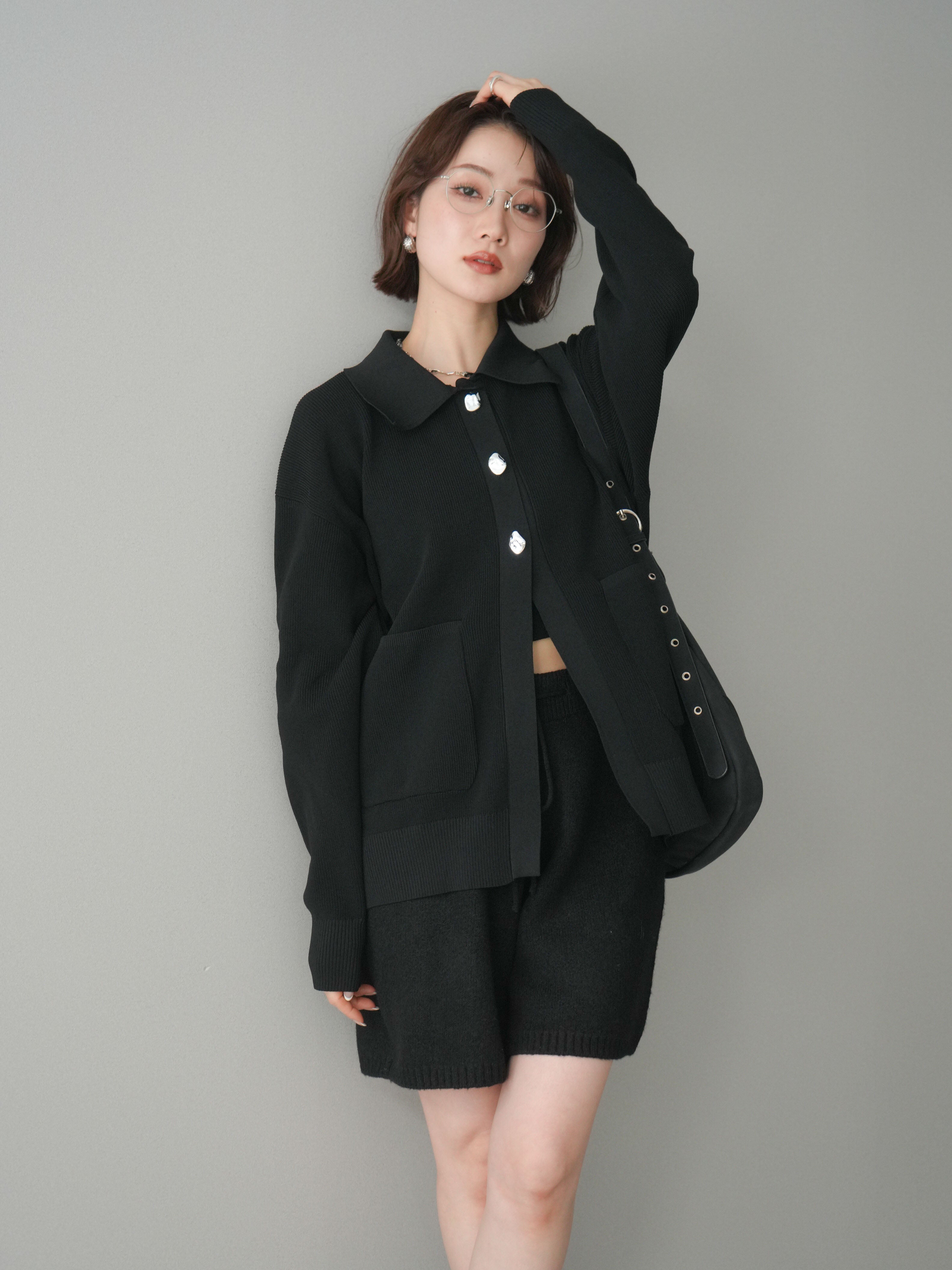 予約]メタルボタン襟付きポリエステルニットカーディガン/black – Lumier