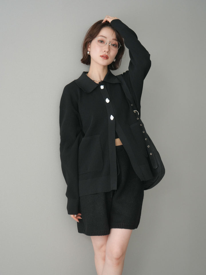 [予約]メタルボタン襟付きポリエステルニットカーディガン/black