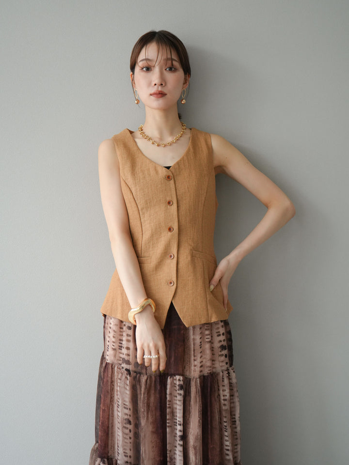 [SET]リネンタッチバックオープンベスト＆ニュアンス柄マキシスカートSET UP(2set)