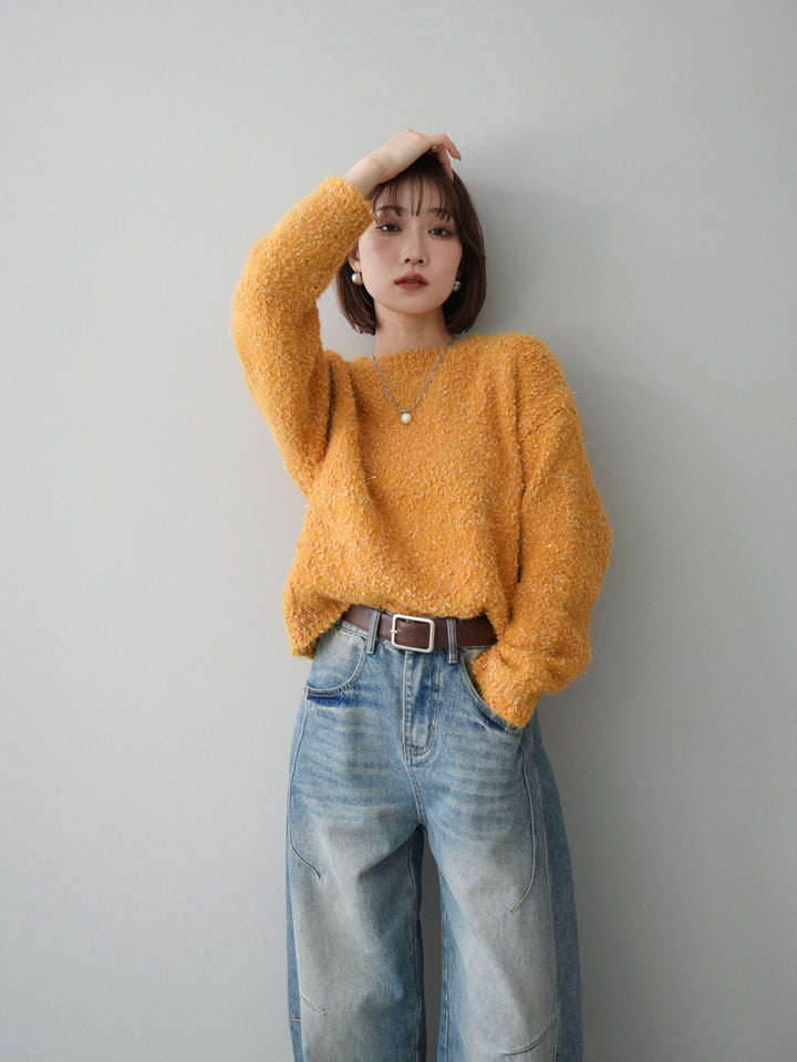 [SET]モールラメミックスヤーンニットプルオーバー+ベルト付カーブデニムパンツ(2set)