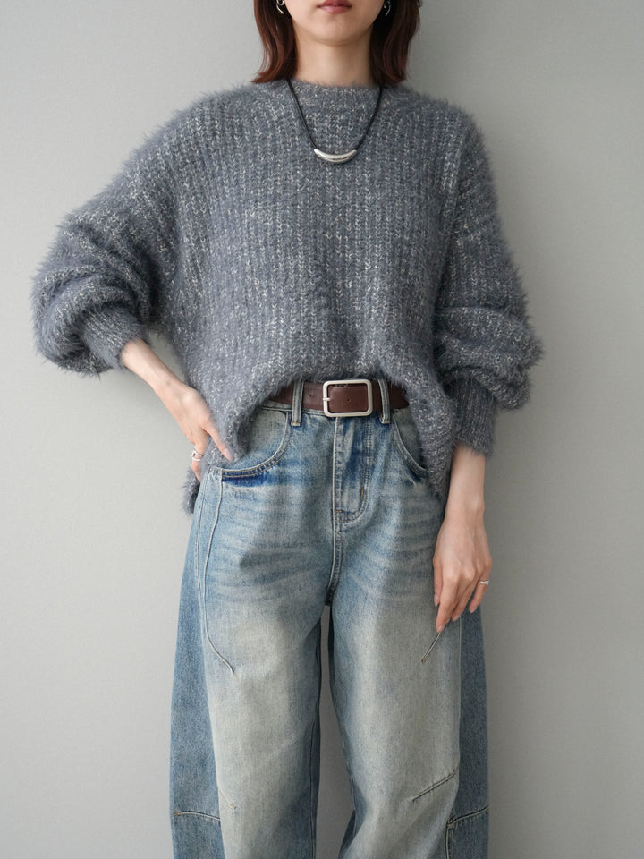 [SET]ボリュームスリーブシャギー MIXニットプルオーバー+ベルト付カーブデニムパンツ(2set)