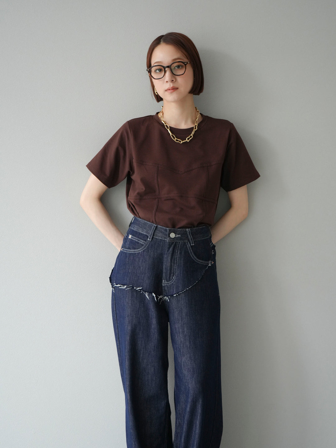 [SET]ビスチェデザインTシャツ+ヒップデザインデニムパンツ(2set)