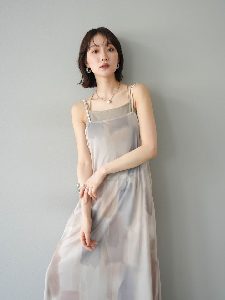 [SET]水彩アートシアーキャミワンピース+カップ付きバッククロスキャミソール(2set)