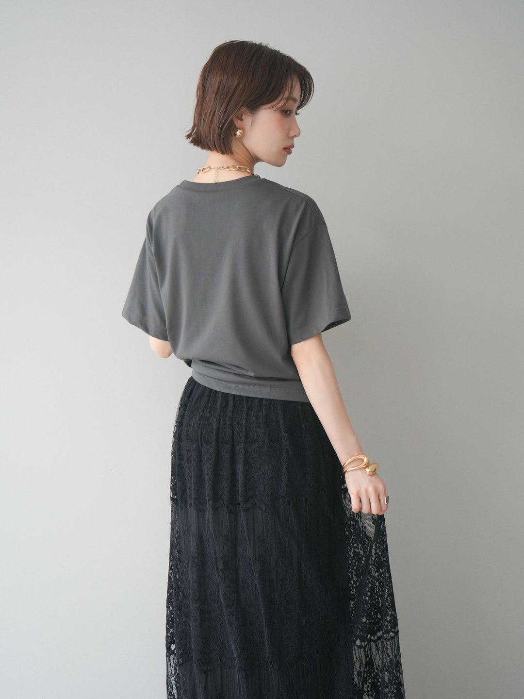 [SET]エンボスロゴTEE+裏プリーツ総レースロングスカート(2set)