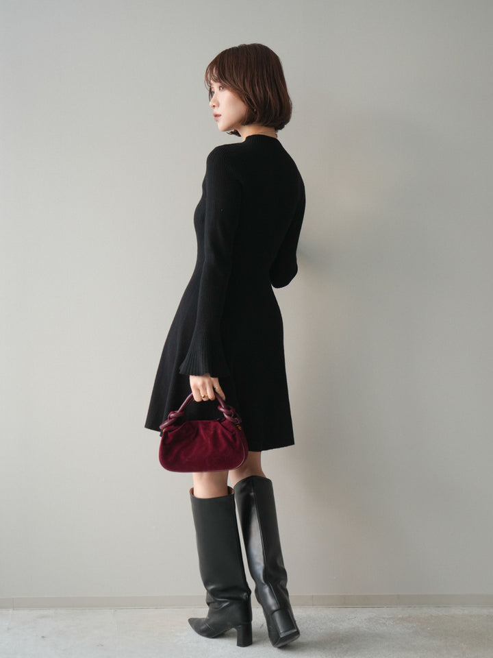 [予約]フレアリブニットミニワンピース/black