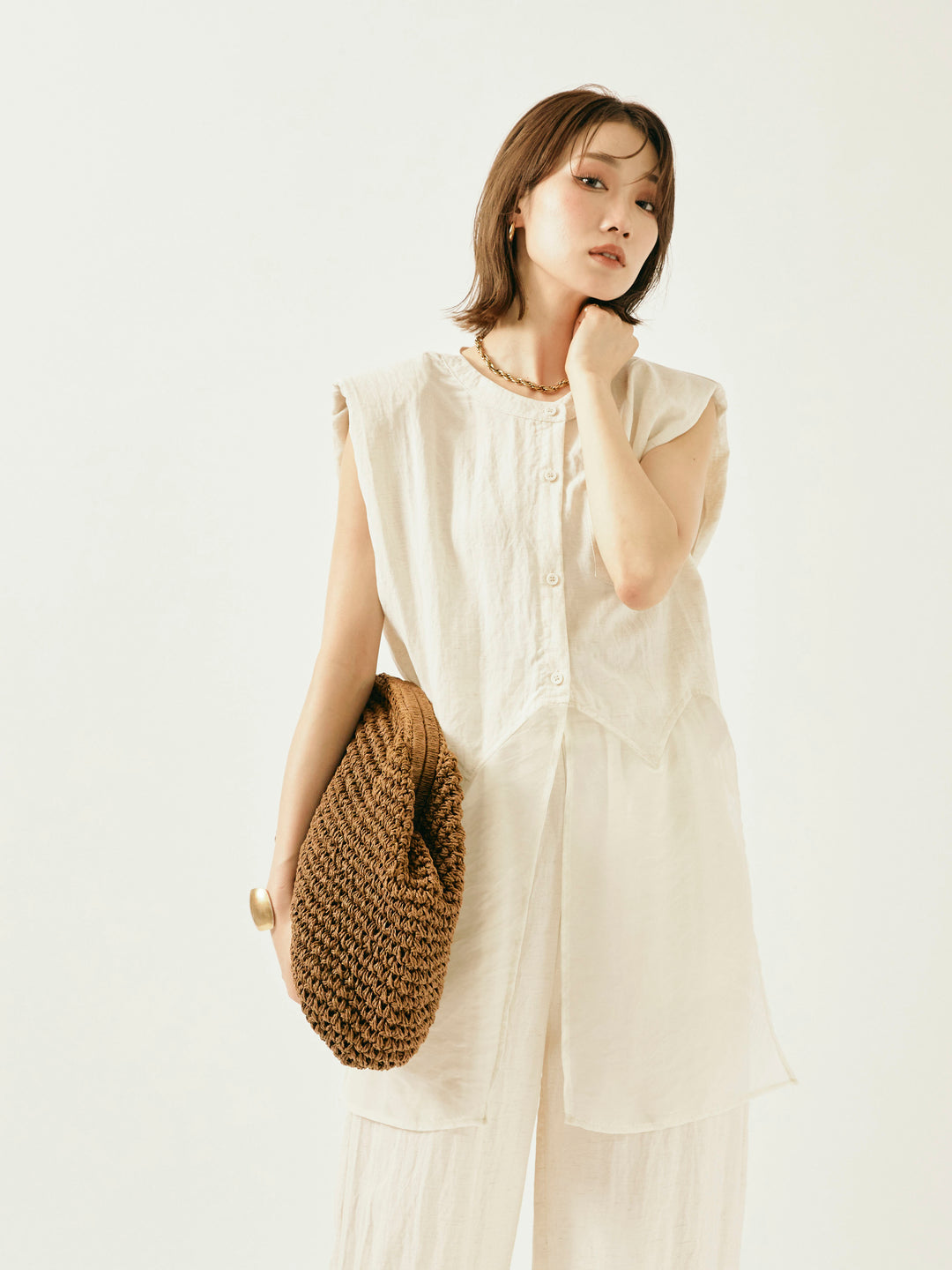 [SET]オーガンジーヘムブラウス＆ワイドパンツSET UP(2set)