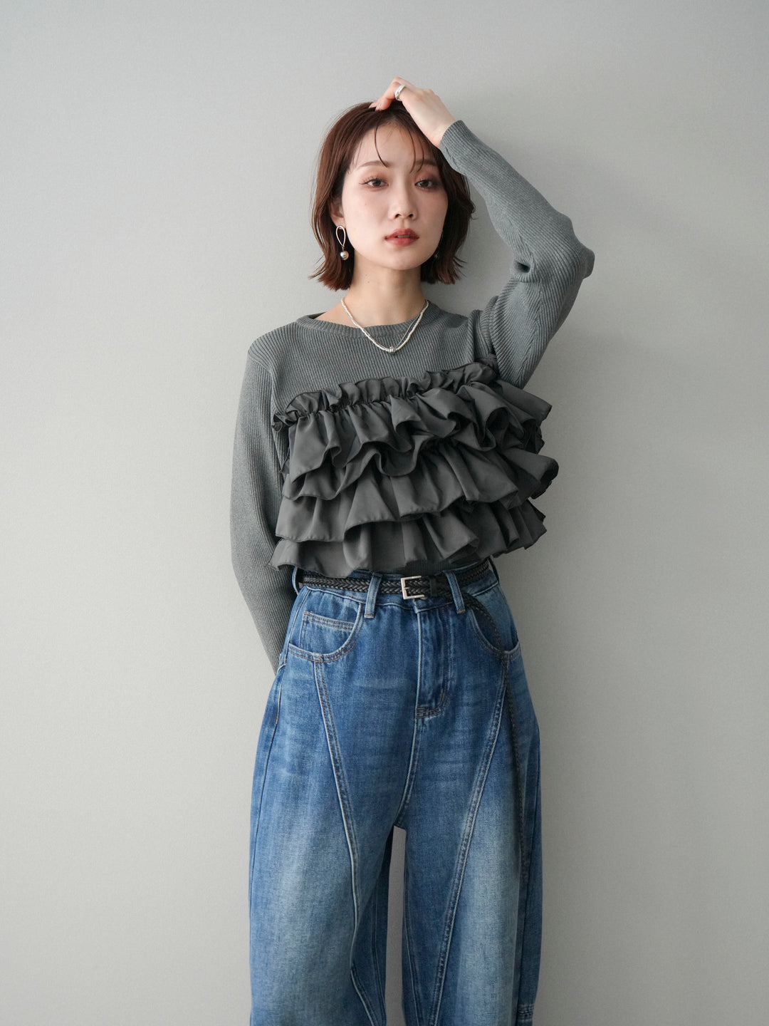 [予約]フリルビスチェドッキングスポンジニットプルオーバー/gray