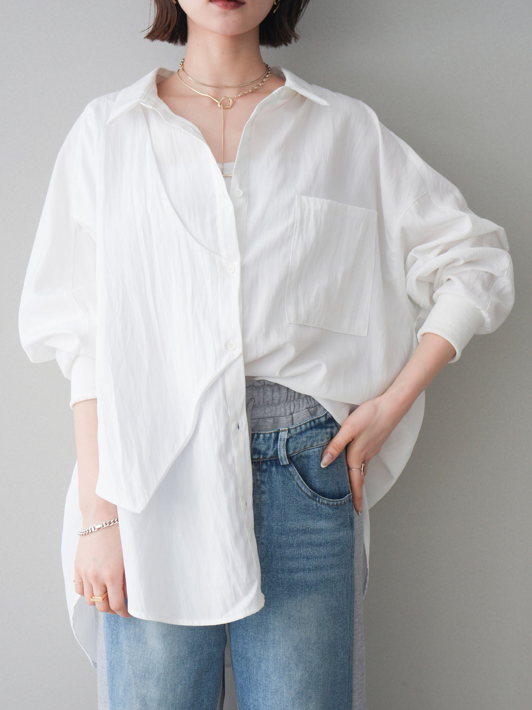 [予約]リブカフスアシンメトリーZIPデザインオーバーシャツ/offwhite