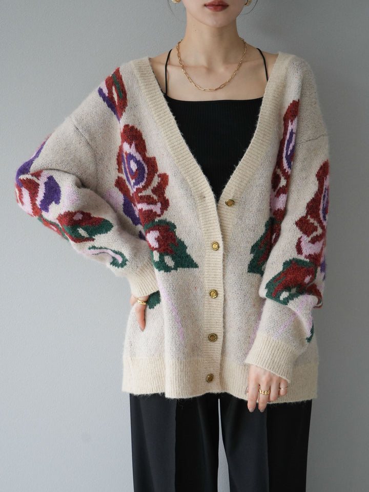 [予約]フラワー柄ゴールドボタンVネックニットカーディガン/アイボリー
