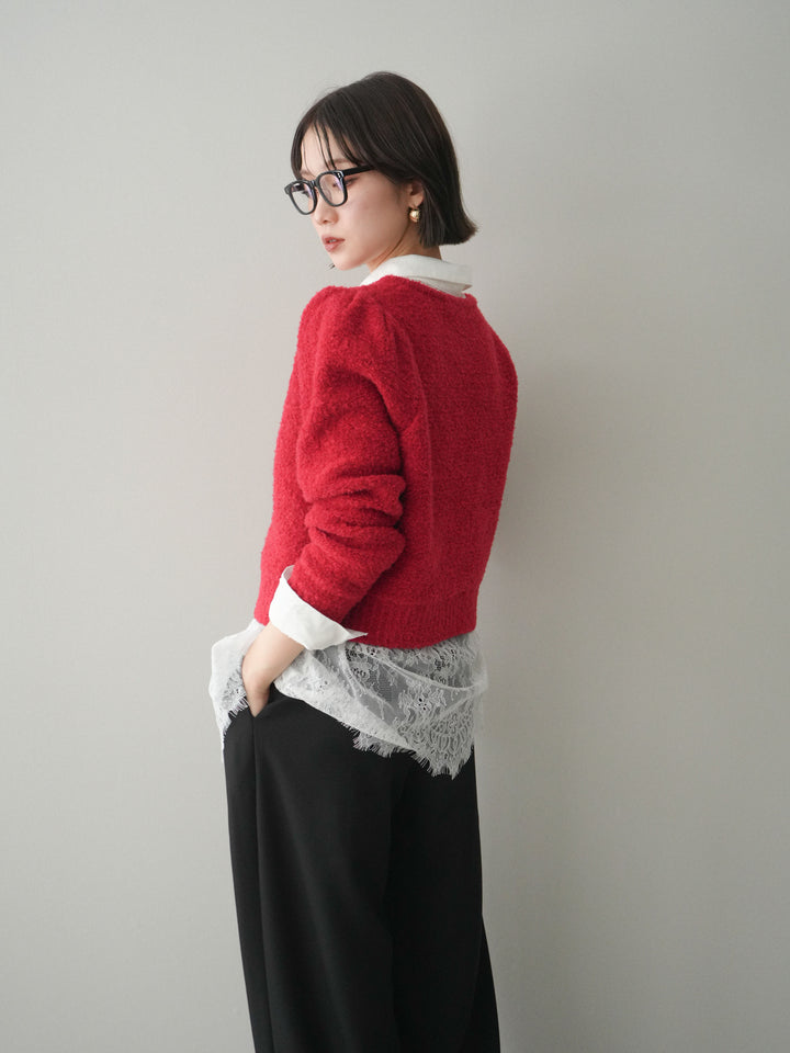 [SET]ゴールドボタンブークレニットカーディガン+総レースボリュームスリーブシャツ(2set)