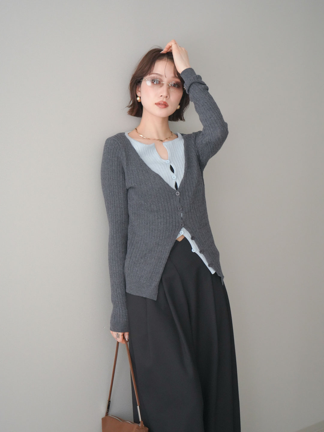 [予約]バイカラーレイヤードニットカーディガン/gray