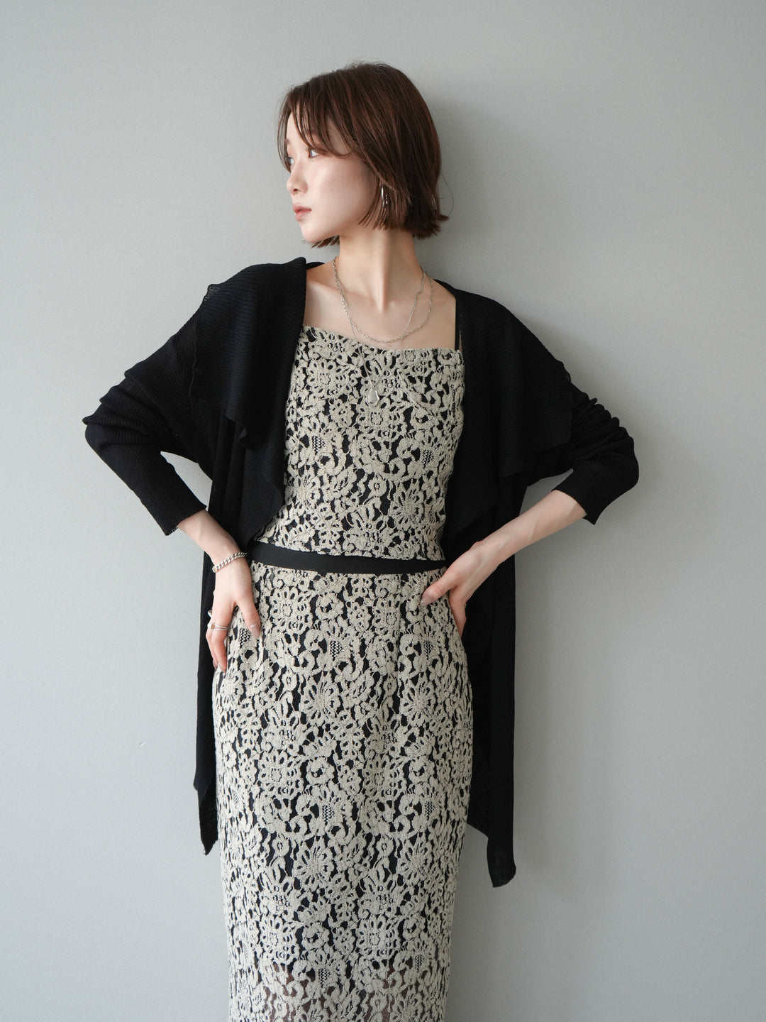 [SET]ドレープリブニットガウン+フルレースキャミ＆IラインスカートSET UP(2set)