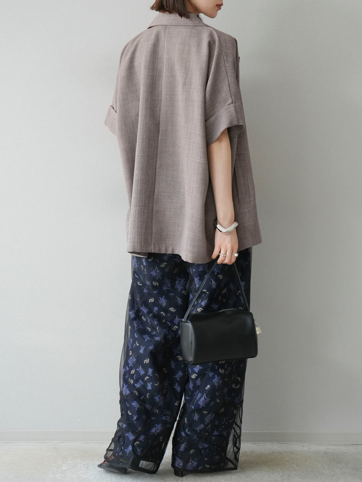 [SET]リネンライクハーフテーラードジャケット+コード刺繍チュールレイヤードパンツ(2set)