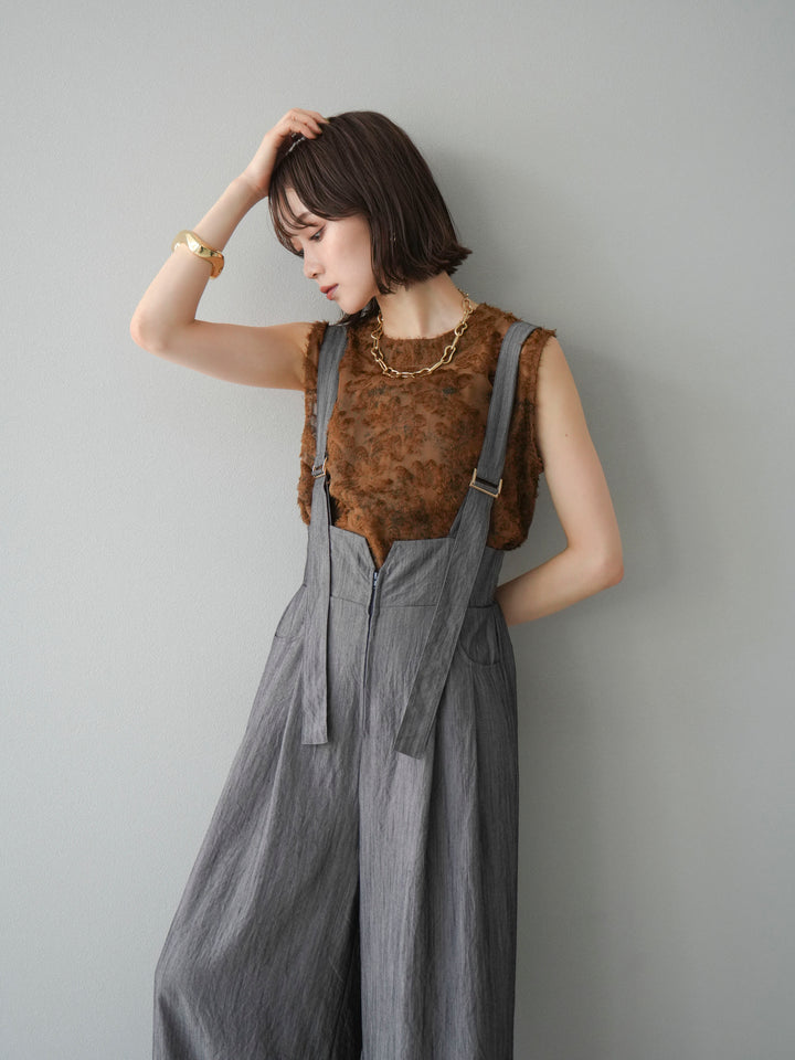 [SET]ストリングデザインハイウエストサロペット+ニュアンスフリンジジャガードノースリーブブラウス(2set)